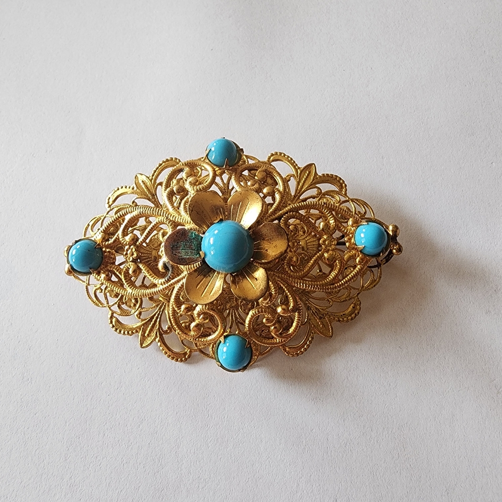 Gold and Blue Vintage Filigree Brooch with Turquoise Color Accents